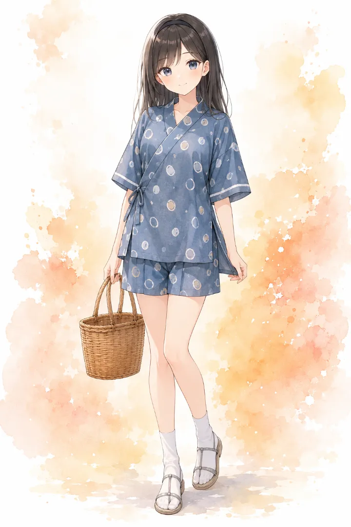 AIイラスト版｜ブルーグレー地に手描き風の白とベージュのドットを配した甚平とタックショーツ、ラタンかごのコーデ