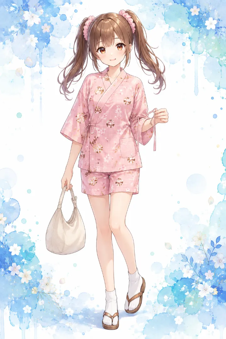 AIイラスト版｜シェルピンク地に毬と桜の花びらを散らした甚平と同柄ショーツ、足袋ソックスとTストラップサンダルのコーデ