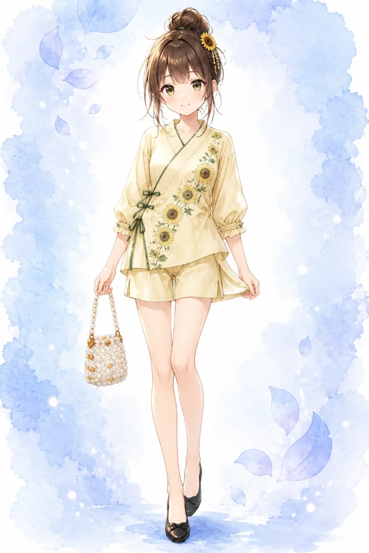 AIイラスト版｜ペールイエロー地にセージグリーンと焦げ茶の向日葵を斜めに配した甚平とワイドショーツのコーデ