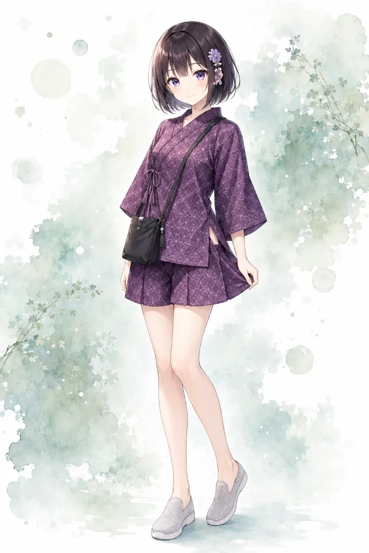 AIイラスト版｜プラム地にライラックの七宝模様を入れた甚平とボックスプリーツ入りワイドショーツ、黒サコッシュのコーデ