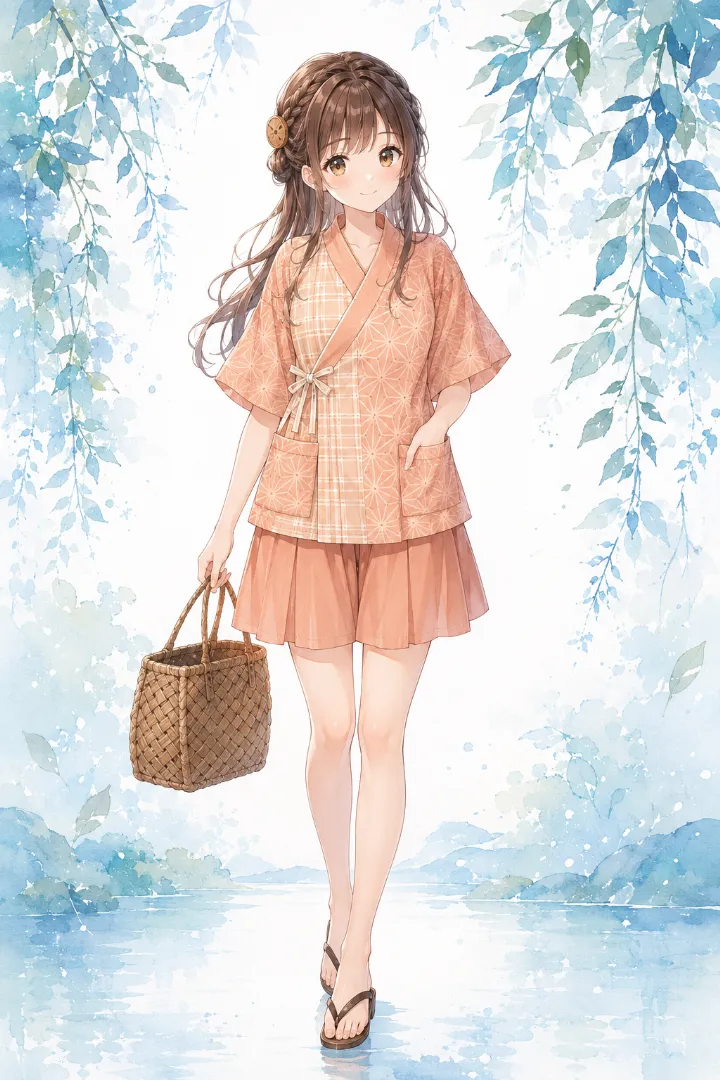 AIイラスト版｜アプリコット地に太格子と麻の葉柄を切り替えて配した甚平とワイドキュロット、竹かごのコーデ