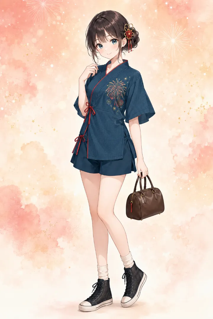 AIイラスト版｜ディープティール地に朱赤の縁取りと金・朱赤の花火を配した甚平、ワイドショーツと黒ハイカットのコーデ