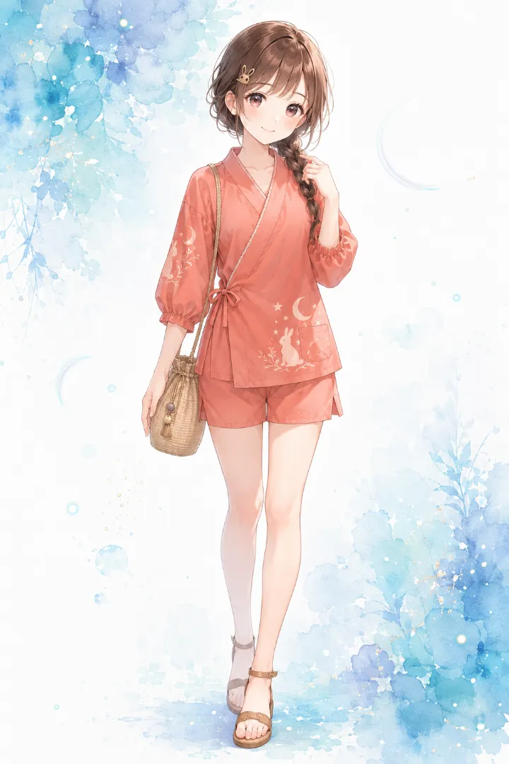 AIイラスト版｜コーラル地にベージュのうさぎと三日月を配し、シャーリング袖と無地ショーツを組み合わせた甚平コーデ