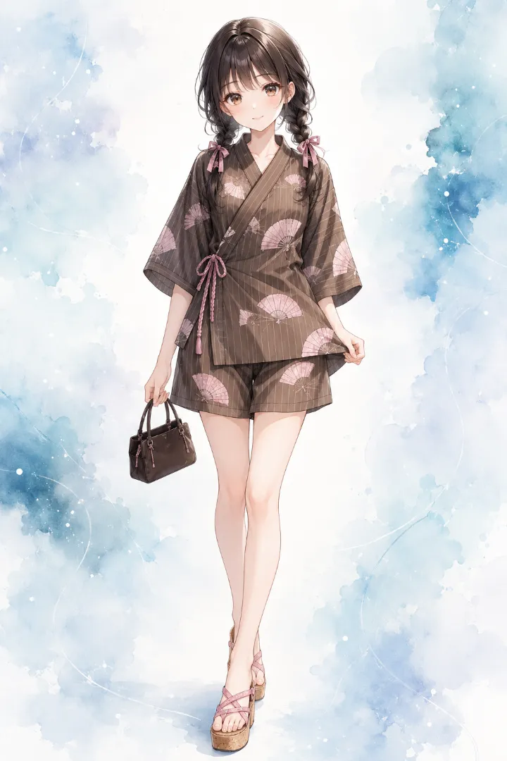 AIイラスト版｜モカブラウン地にダスティピンクの扇を散らした甚平と同柄ラップキュロット、厚底サンダルのコーデ