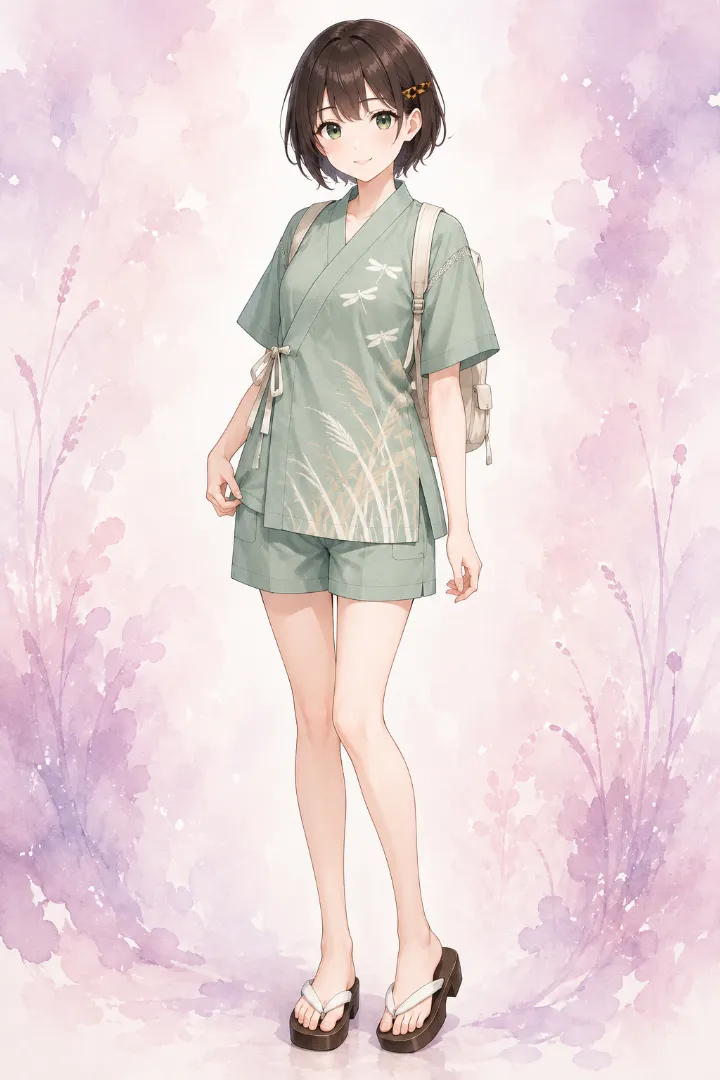 AIイラスト版｜青磁色地に白と生成りの葦を裾から伸ばし、胸元に蜻蛉を配した甚平と焼き桐下駄のコーデ