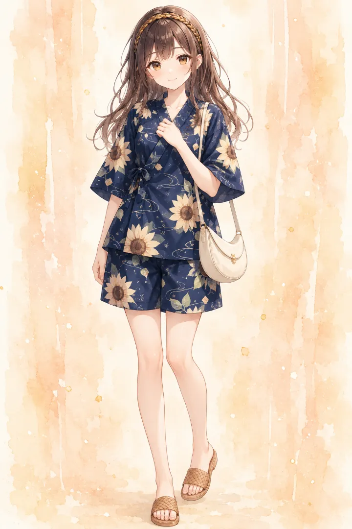 AIイラスト版｜濃紺地にクリームイエローの大きな向日葵とセージの葉、白い曲線を描いた甚平とワイドショーツのコーデ