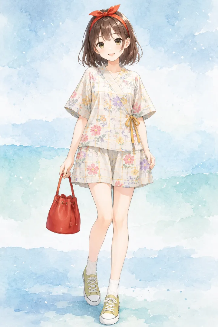 AIイラスト版｜ウォームグレー地に多色の格子と花を重ねた甚平とワイドキュロット、イエローグリーンのスニーカーのコーデ