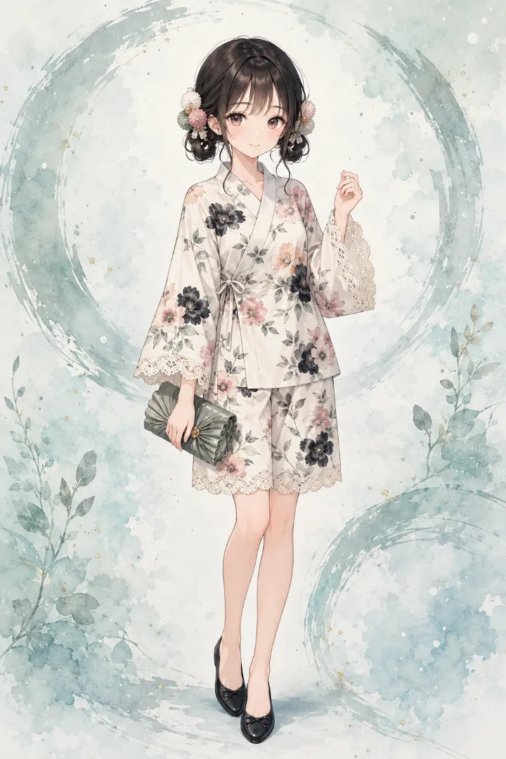 AIイラスト版｜アイボリー地に黒・ピンク・ピーチの大花と葉を描き、袖口と裾にスカラップレースを入れた甚平コーデ