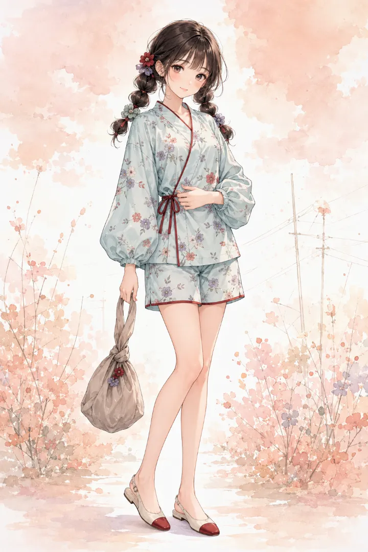 AIイラスト版｜淡い青緑地に紫系の小花と深赤の縁取りを入れ、バルーン袖と同柄ショーツを組み合わせた甚平コーデ