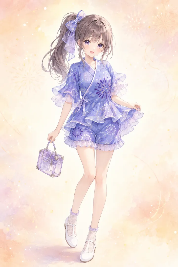 AIイラスト版｜ブルーラベンダー地に白と濃紫の花火を描き、二層フリル袖とペプラム、フリルショーツを組み合わせた甚平コーデ