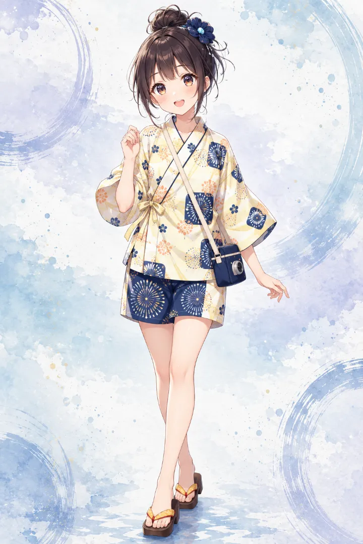 AIイラスト版｜淡い黄色地に濃紺の四角と花火、アプリコットの柄を組み合わせた甚平と切り替えショーツ、下駄のコーデ