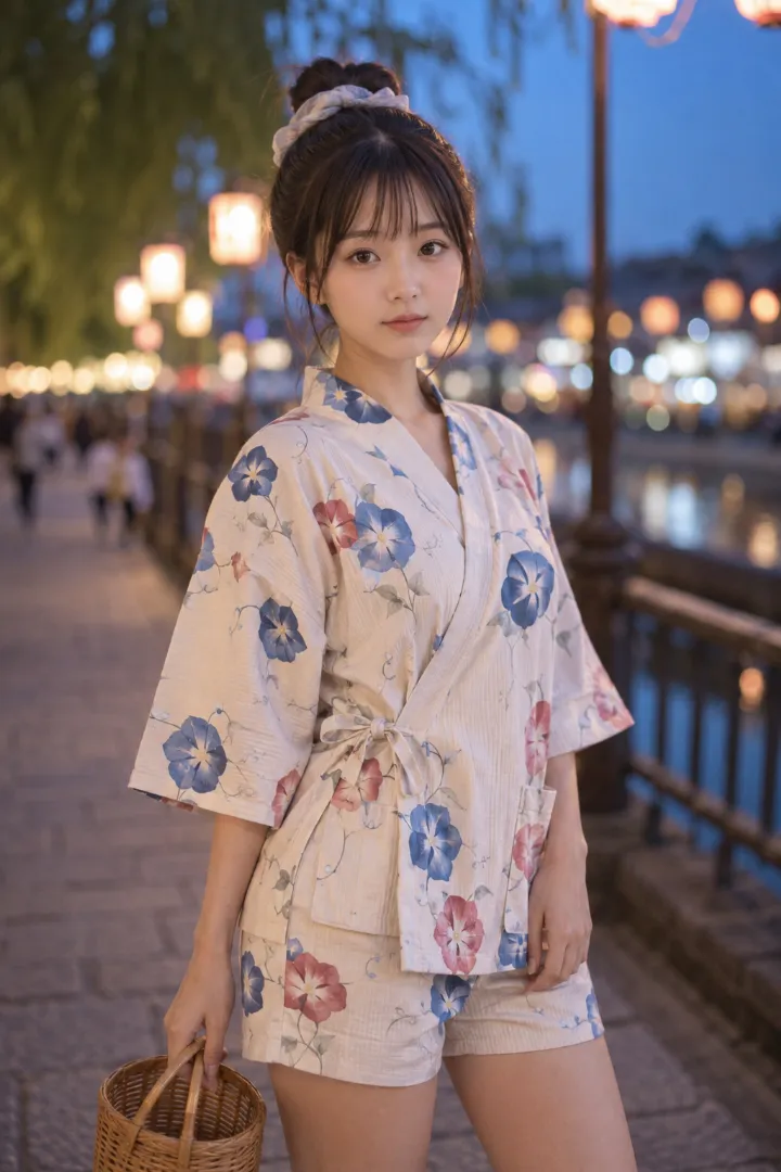 実写AI美女版｜生成り地に青とピンクの朝顔を描いた甚平と同柄ショーツ、竹かごと下駄のコーデ