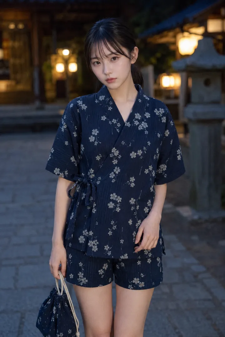 実写AI美女版｜濃紺地に白とライトグレーの撫子を散らした甚平と同柄ショーツ、巾着と黒サンダルのコーデ