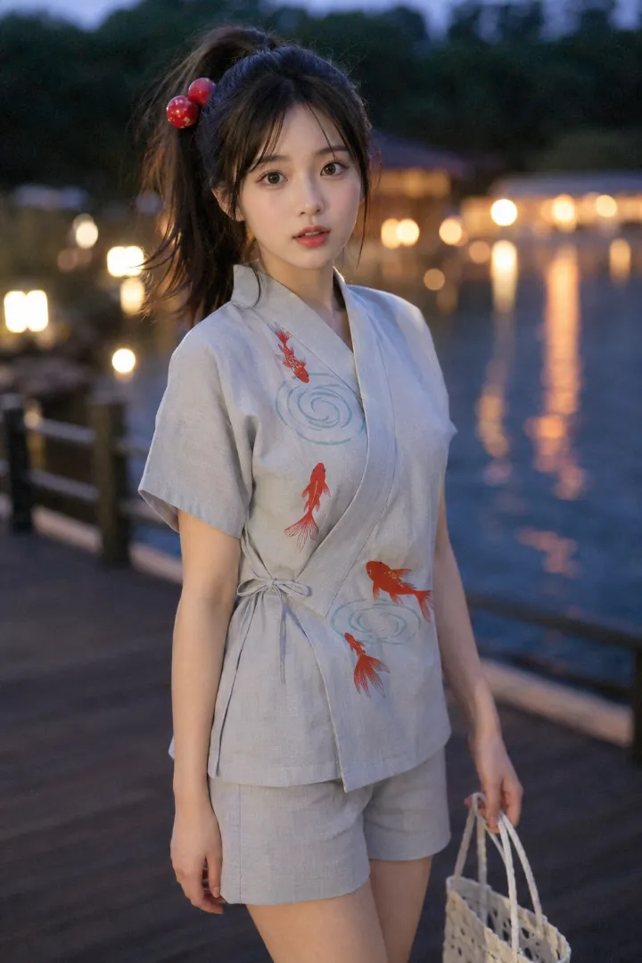 実写AI美女版｜ライトグレー地に朱赤の金魚と淡い青緑の水紋を配した甚平と無地ショーツ、茶色サンダルのコーデ