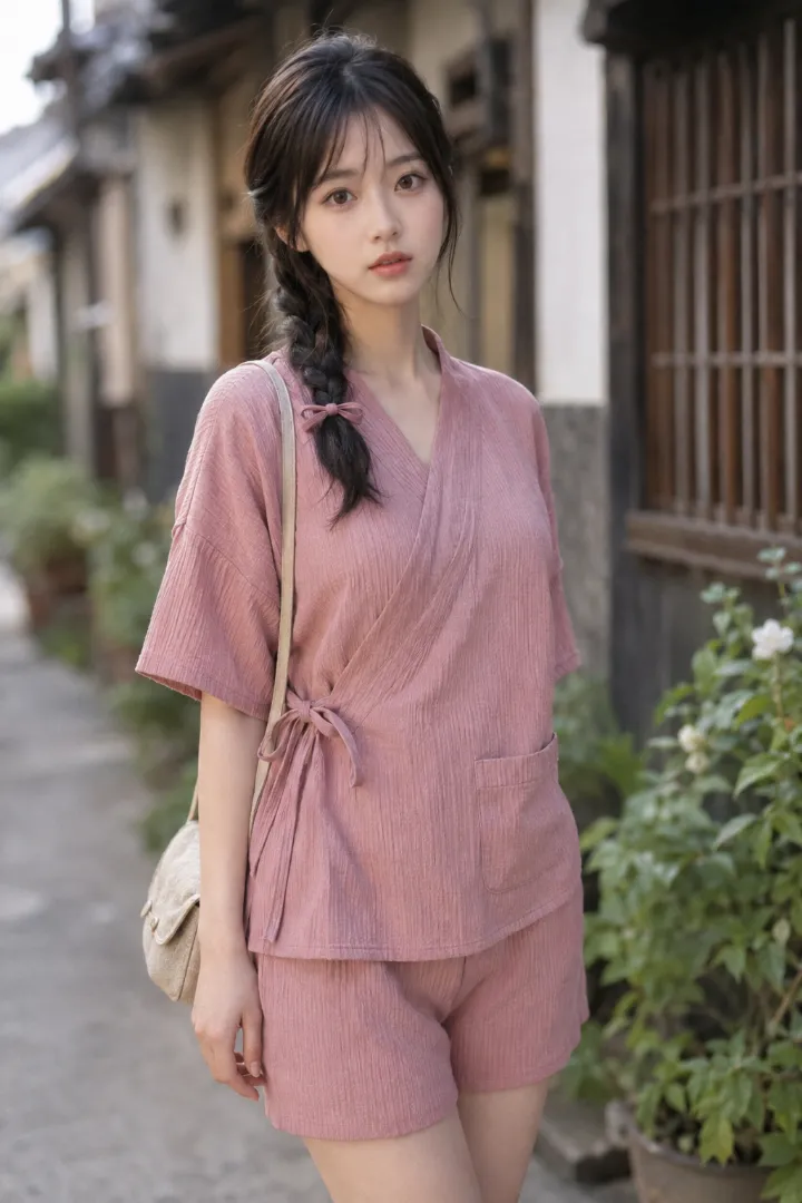 実写AI美女版｜スモーキーピンクの無地甚平とストレートショーツ、ベージュのバッグとグルカサンダルのコーデ