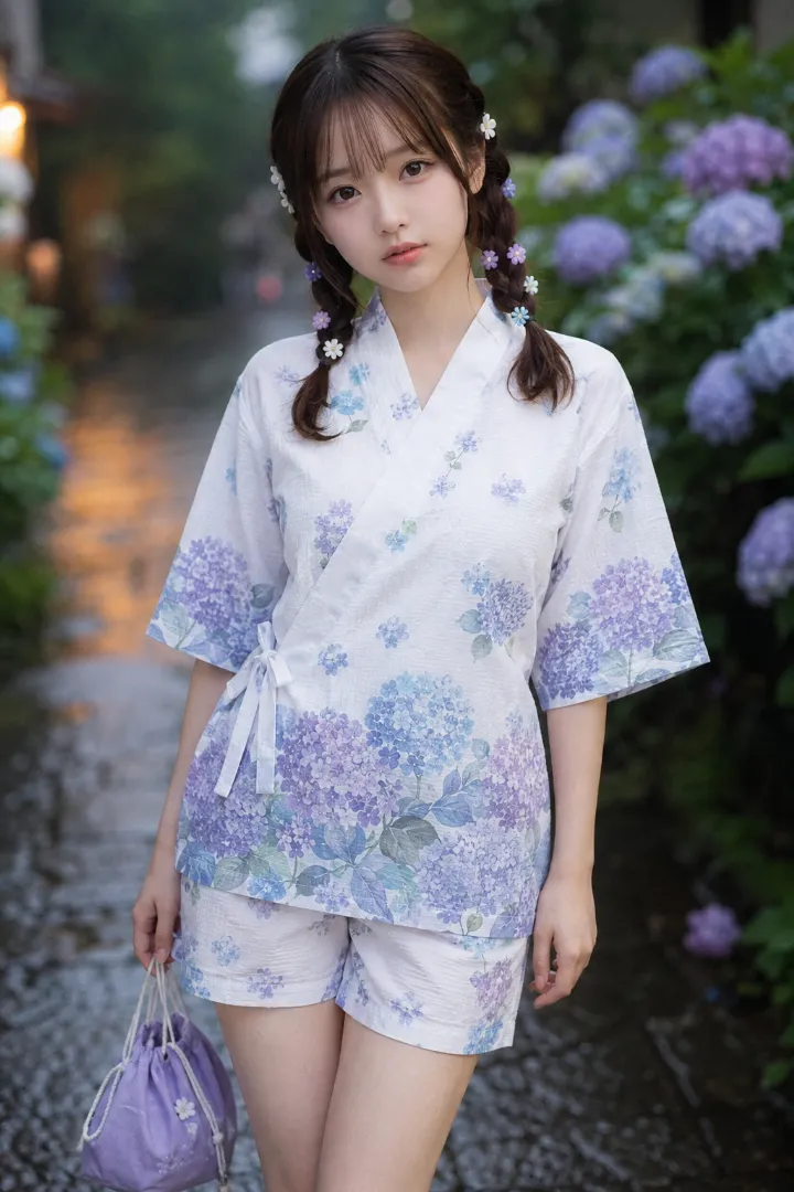 実写AI美女版｜白地に薄紫と水色の紫陽花を配した甚平と同柄ショーツ、薄紫の巾着と下駄のコーデ