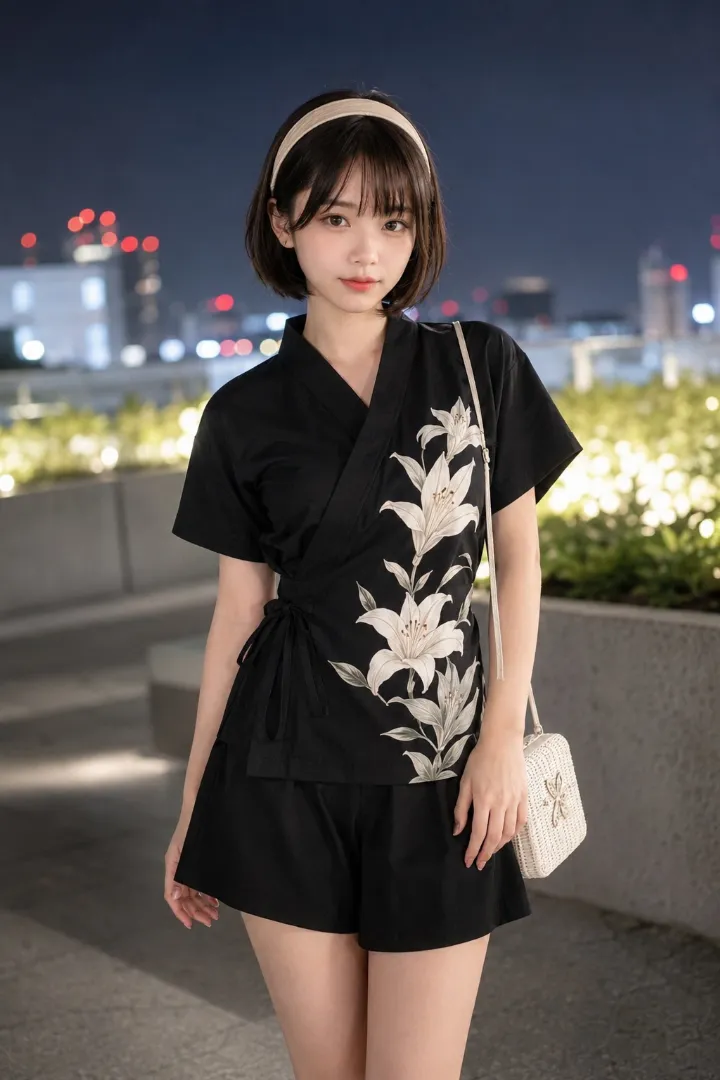 実写AI美女版｜黒地に白と生成りの大きな百合を斜めに配した甚平とAラインキュロット、白スニーカーのコーデ