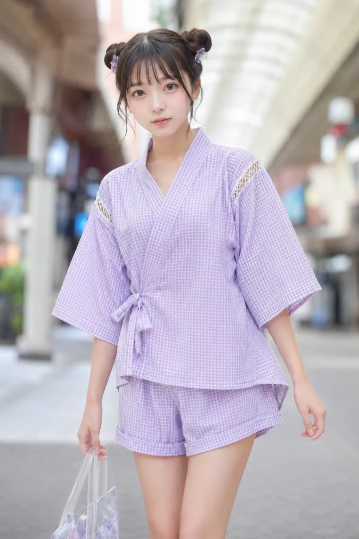実写AI美女版｜淡いラベンダー地に白い市松模様とはしごレースを入れた甚平、折り返しショーツと白厚底スニーカーのコーデ