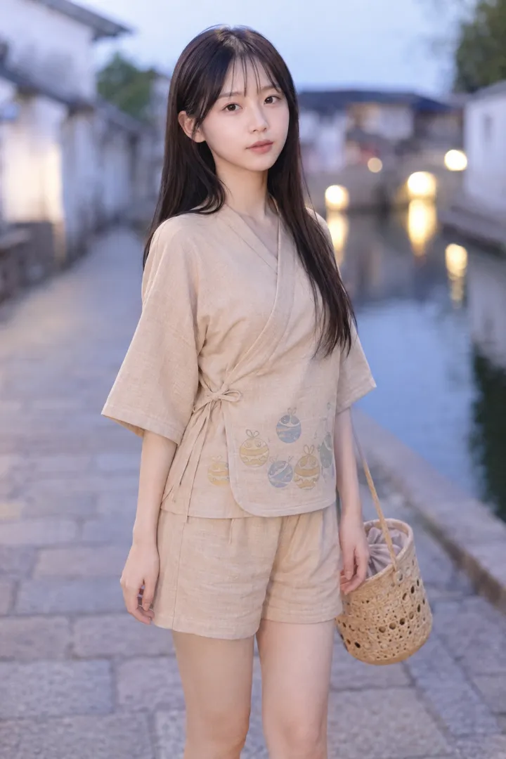 実写AI美女版｜サンドベージュ地の裾にくすみ黄色と青の水風船を配し、丸い前裾とタックショーツを組み合わせた甚平コーデ