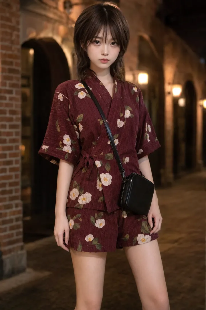 実写AI美女版｜ボルドー地に白とくすみイエローの椿を描いた甚平とタック入りショーツ、黒バッグとグルカサンダルのコーデ