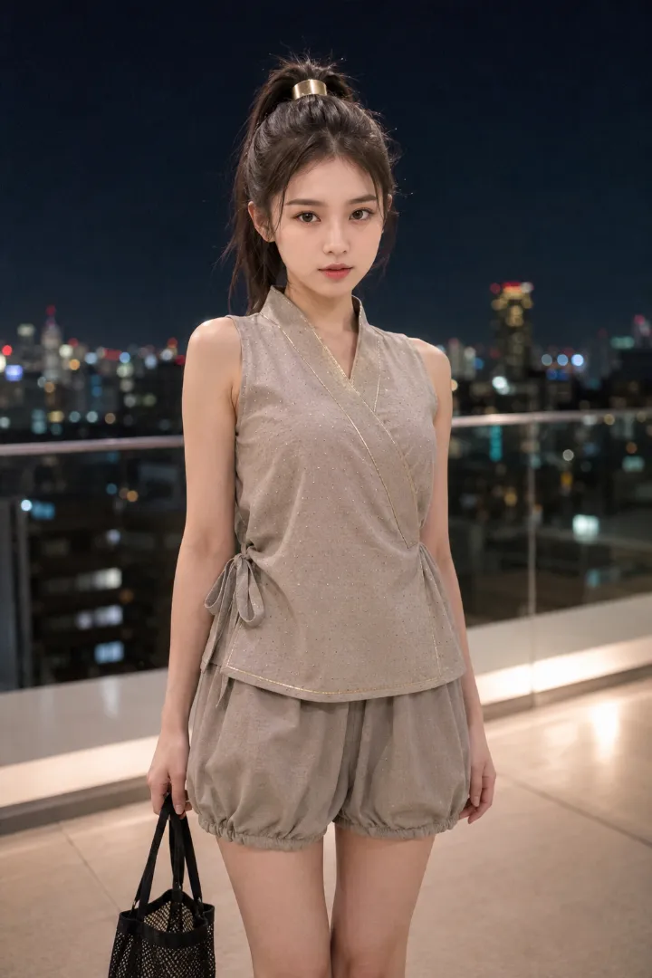 実写AI美女版｜グレージュのノースリーブ甚平と丸みのあるバルーンショーツ、黒厚底サンダルのコーデ