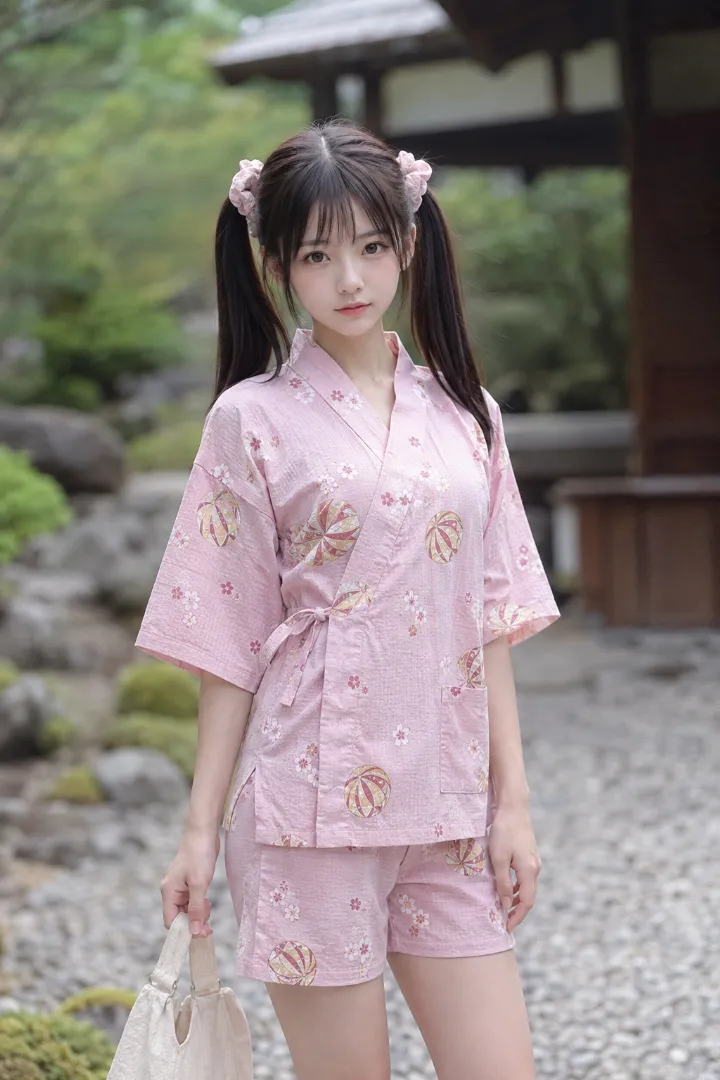 実写AI美女版｜シェルピンク地に毬と桜の花びらを散らした甚平と同柄ショーツ、足袋ソックスとTストラップサンダルのコーデ