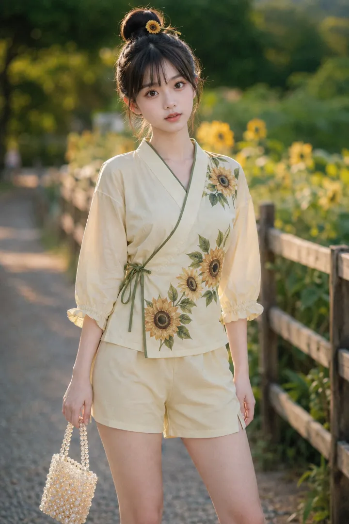 実写AI美女版｜ペールイエロー地にセージグリーンと焦げ茶の向日葵を斜めに配した甚平とワイドショーツのコーデ