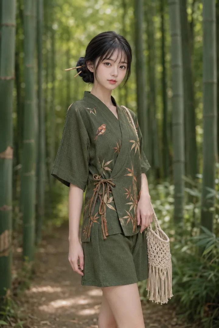 実写AI美女版｜オリーブグリーン地にマスタードとテラコッタの竹、胸元に雀を配した甚平とラップキュロットのコーデ