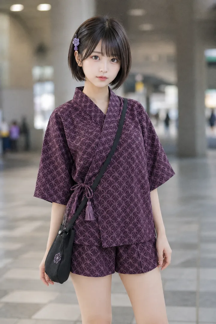 実写AI美女版｜プラム地にライラックの七宝模様を入れた甚平とボックスプリーツ入りワイドショーツ、黒サコッシュのコーデ