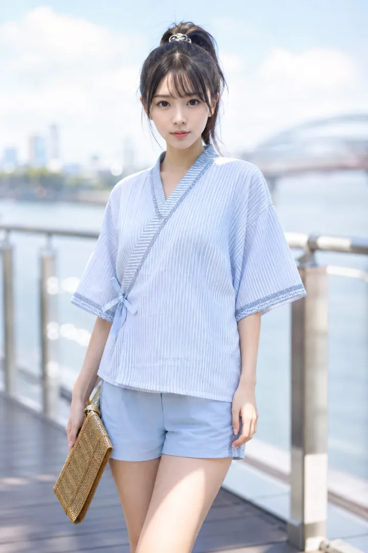 実写AI美女版｜アイスブルー地にシルバーグレーの矢絣を縁取りした甚平と無地ショーツ、銀色ミュールのコーデ