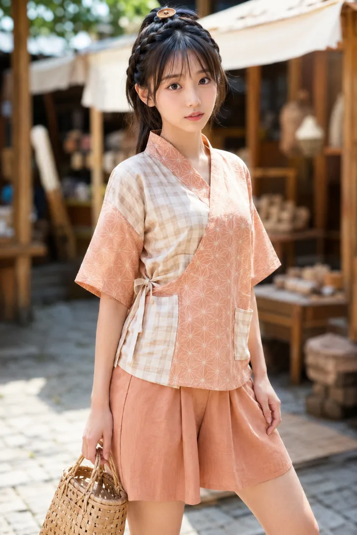 実写AI美女版｜アプリコット地に太格子と麻の葉柄を切り替えて配した甚平とワイドキュロット、竹かごのコーデ