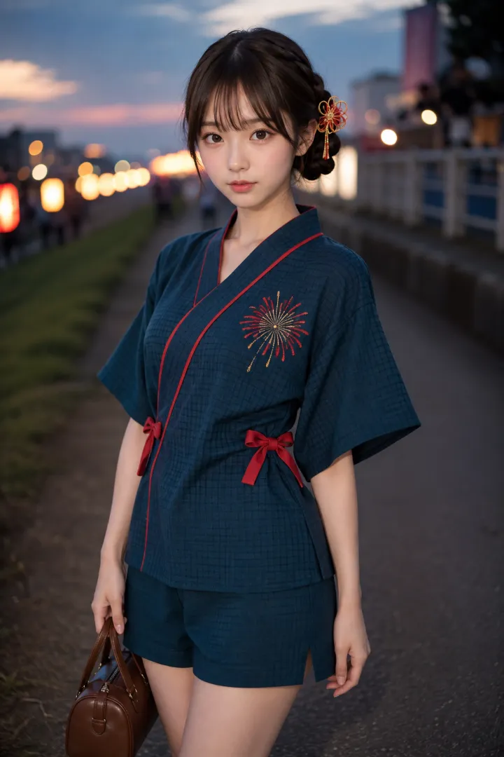 実写AI美女版｜ディープティール地に朱赤の縁取りと金・朱赤の花火を配した甚平、ワイドショーツと黒ハイカットのコーデ