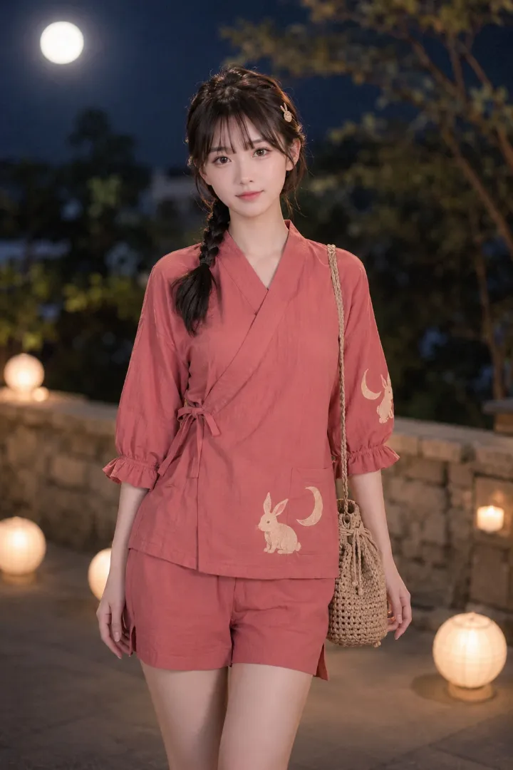 実写AI美女版｜コーラル地にベージュのうさぎと三日月を配し、シャーリング袖と無地ショーツを組み合わせた甚平コーデ