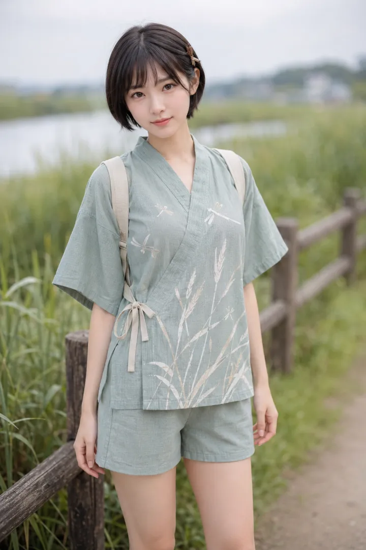実写AI美女版｜青磁色地に白と生成りの葦を裾から伸ばし、胸元に蜻蛉を配した甚平と焼き桐下駄のコーデ