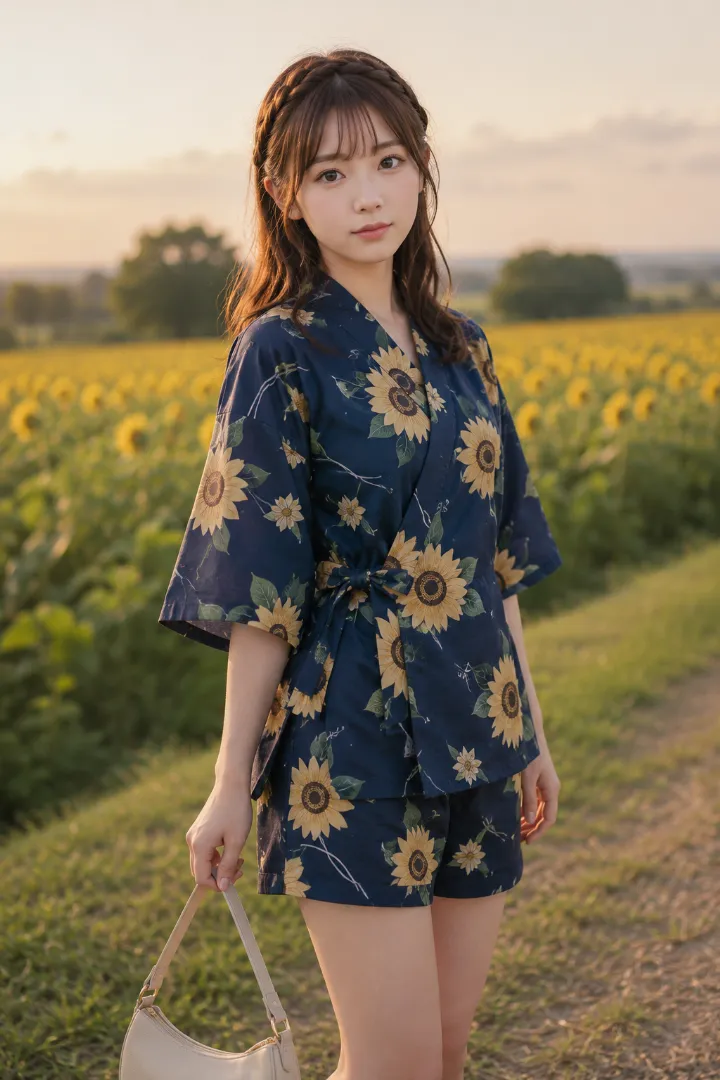 実写AI美女版｜濃紺地にクリームイエローの大きな向日葵とセージの葉、白い曲線を描いた甚平とワイドショーツのコーデ