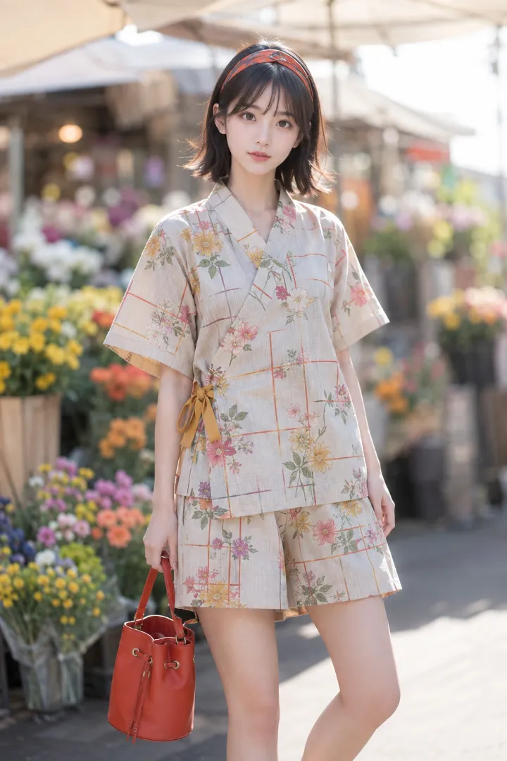 実写AI美女版｜ウォームグレー地に多色の格子と花を重ねた甚平とワイドキュロット、イエローグリーンのスニーカーのコーデ