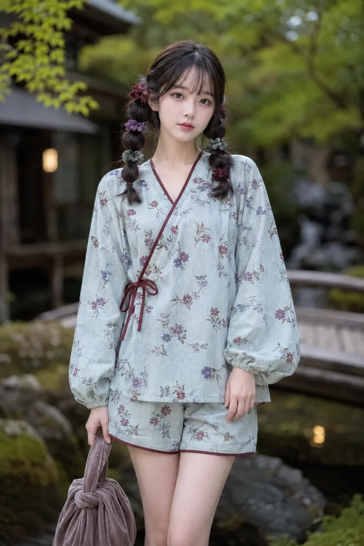 実写AI美女版｜淡い青緑地に紫系の小花と深赤の縁取りを入れ、バルーン袖と同柄ショーツを組み合わせた甚平コーデ