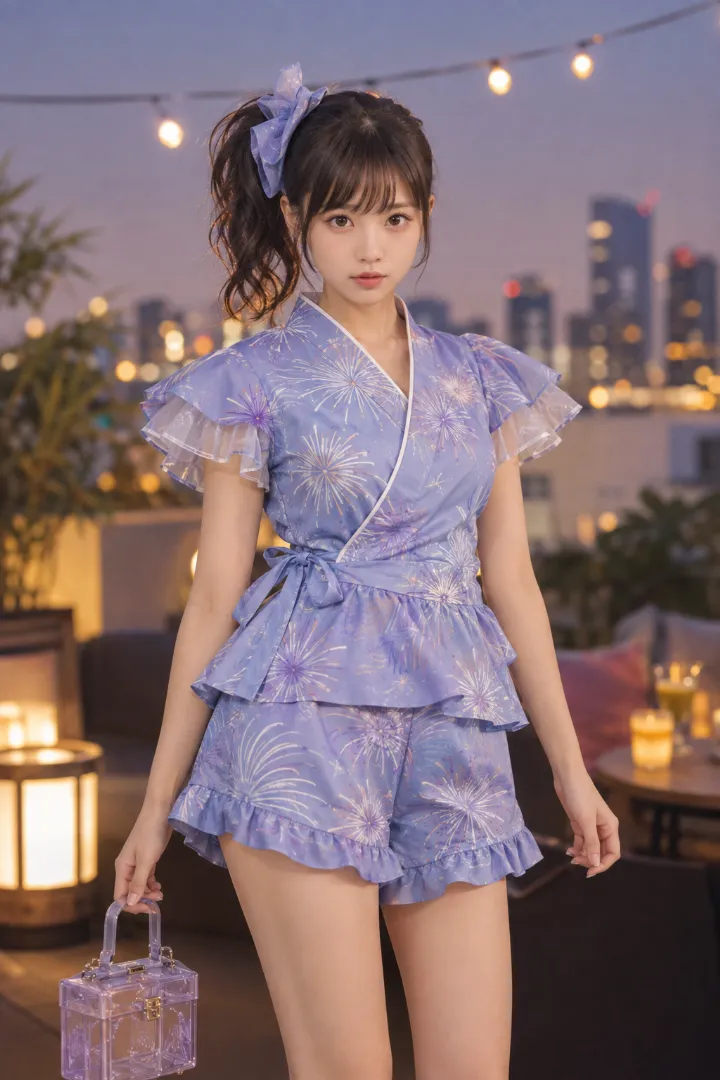 実写AI美女版｜ブルーラベンダー地に白と濃紫の花火を描き、二層フリル袖とペプラム、フリルショーツを組み合わせた甚平コーデ