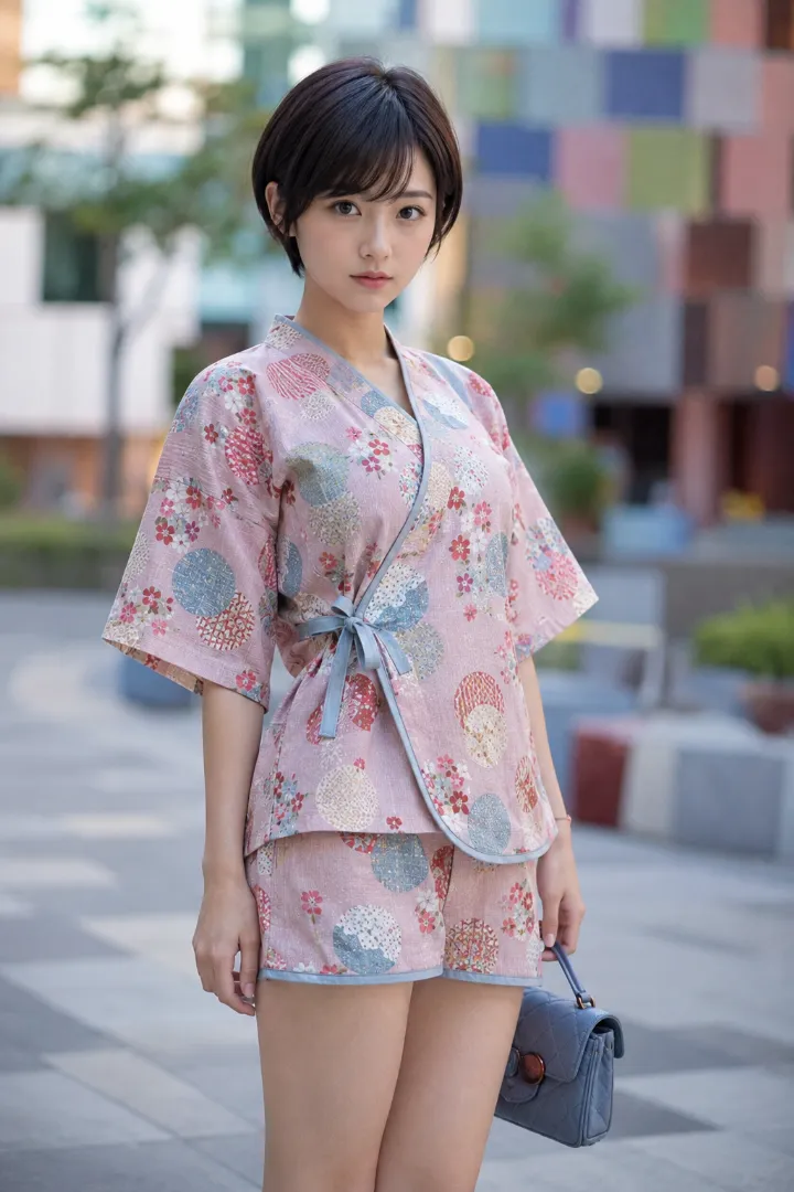 実写AI美女版｜ミストピンク地に多色のパッチワーク円と赤い五弁花を散らし、ブルーグレーで縁取った甚平コーデ