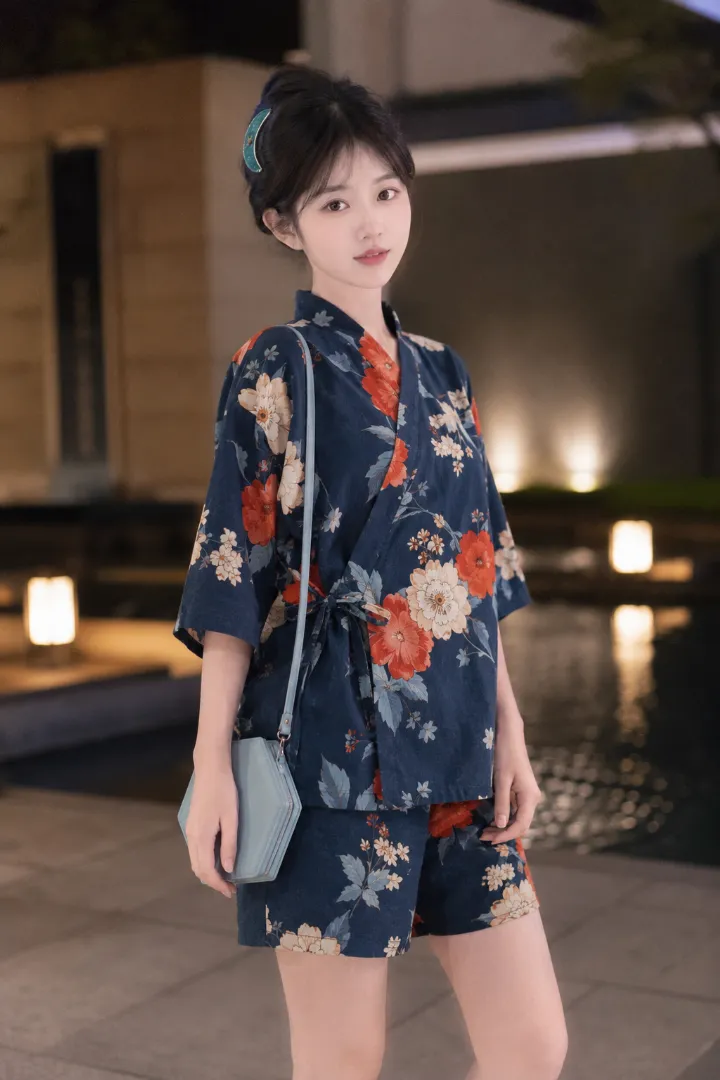 実写AI美女版｜深いブルー地にクリーム・朱赤・オレンジの大花と青緑の葉を描いた甚平とワイドショーツのコーデ