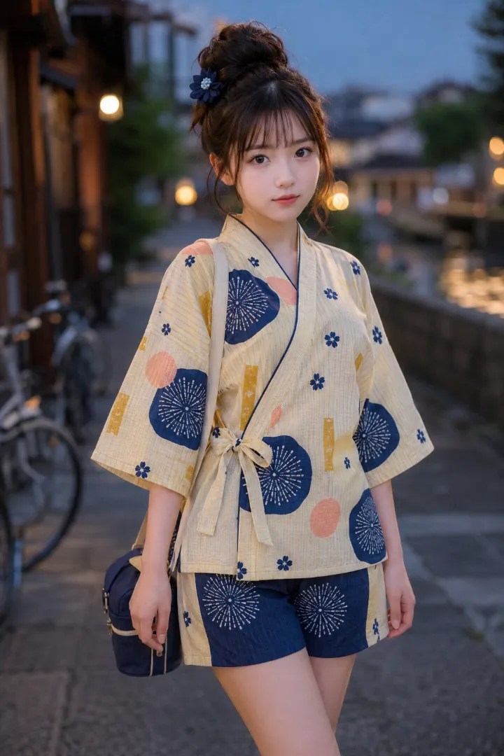 実写AI美女版｜淡い黄色地に濃紺の四角と花火、アプリコットの柄を組み合わせた甚平と切り替えショーツ、下駄のコーデ