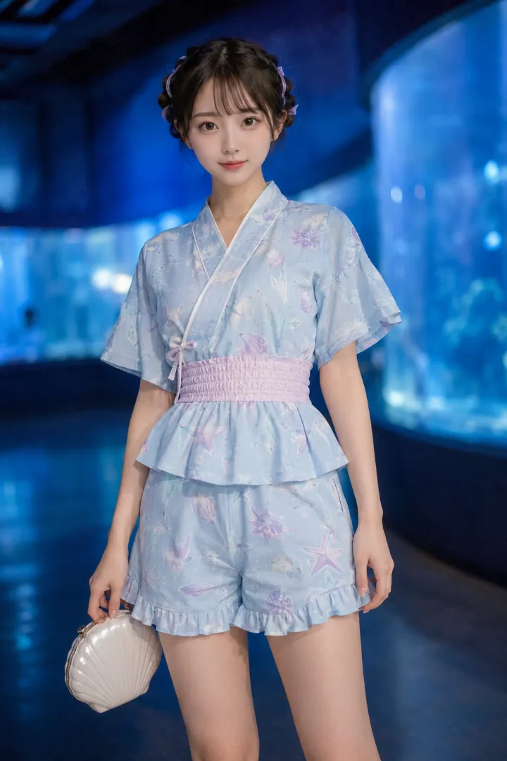 実写AI美女版｜パウダーブルー地にラベンダーとミントの貝やヒトデを描き、ピンクのサッシュとペプラムを組み合わせた甚平コーデ