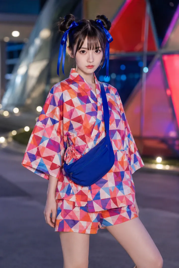実写AI美女版｜赤地に多色の三角形で風車や菱形を描いた甚平と同柄ワイドショーツ、コバルトブルー小物のコーデ