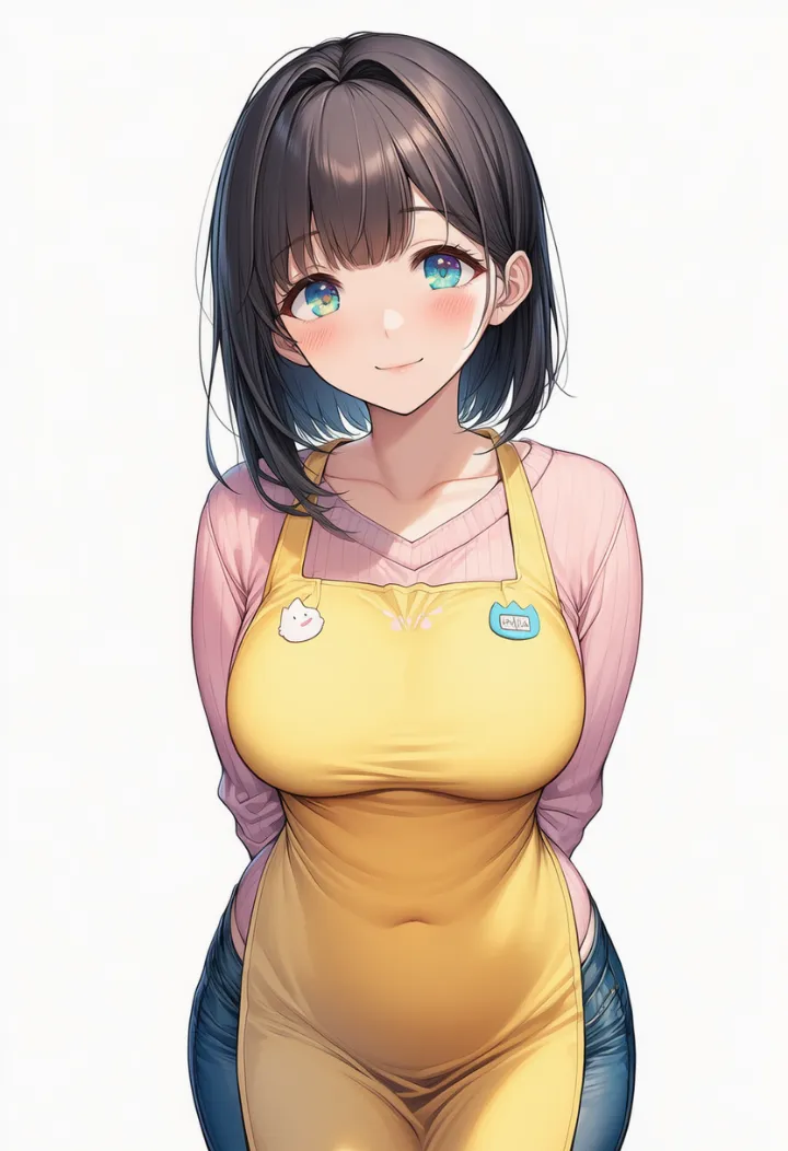エプロンとジーンズを着た豊満な保母さんのAIイラスト