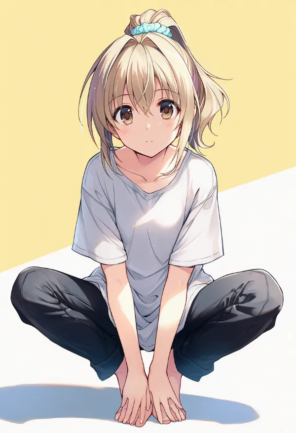 膝を開いて足を寄せたしゃがみポーズのAIイラスト