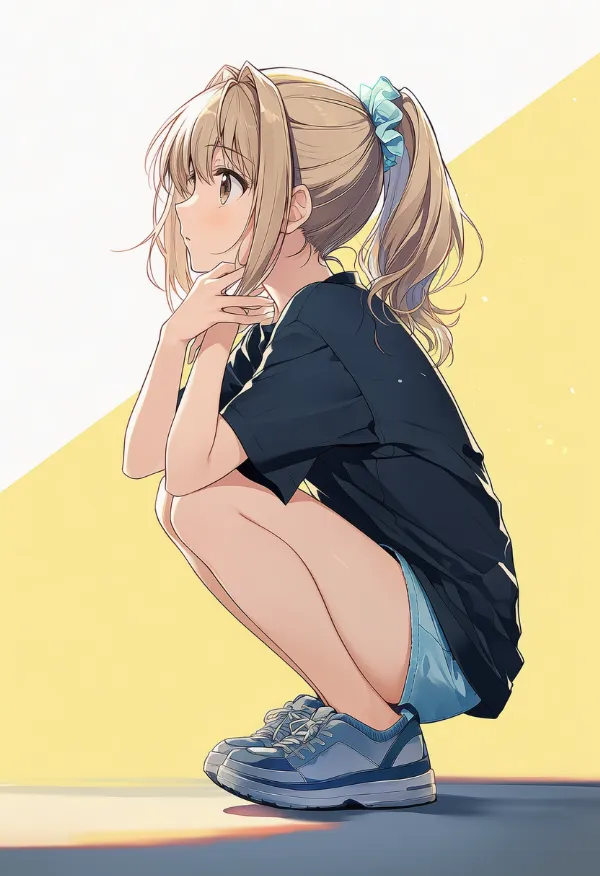 膝を胸近くまで引き寄せてしゃがむポーズのAIイラスト