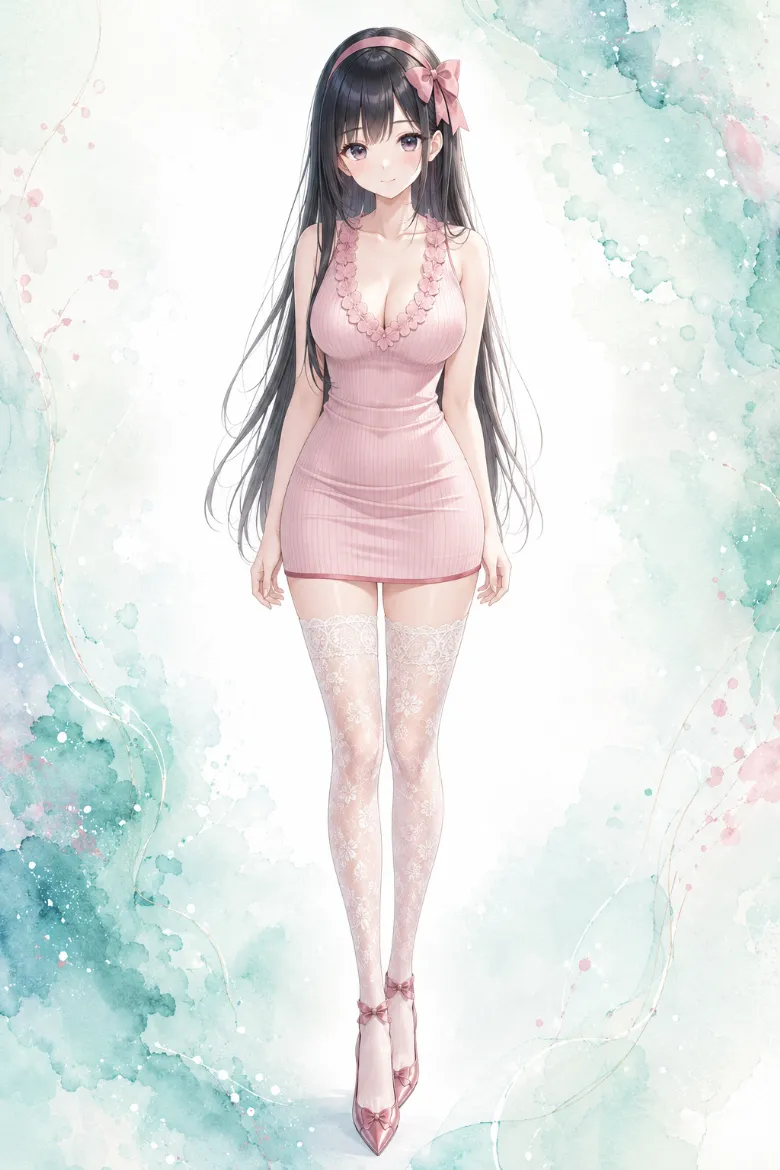 AIイラスト版｜くすみピンクのVネックリブミニワンピースに白レースのニーハイとリボン付きパンプスを合わせた韓国風オルチャンファッション