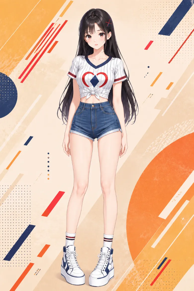 AIイラスト版｜白のピンストライプ入りベースボールシャツにデニムショートパンツとラインソックス、厚底スニーカーを合わせた韓国風オルチャンファッション