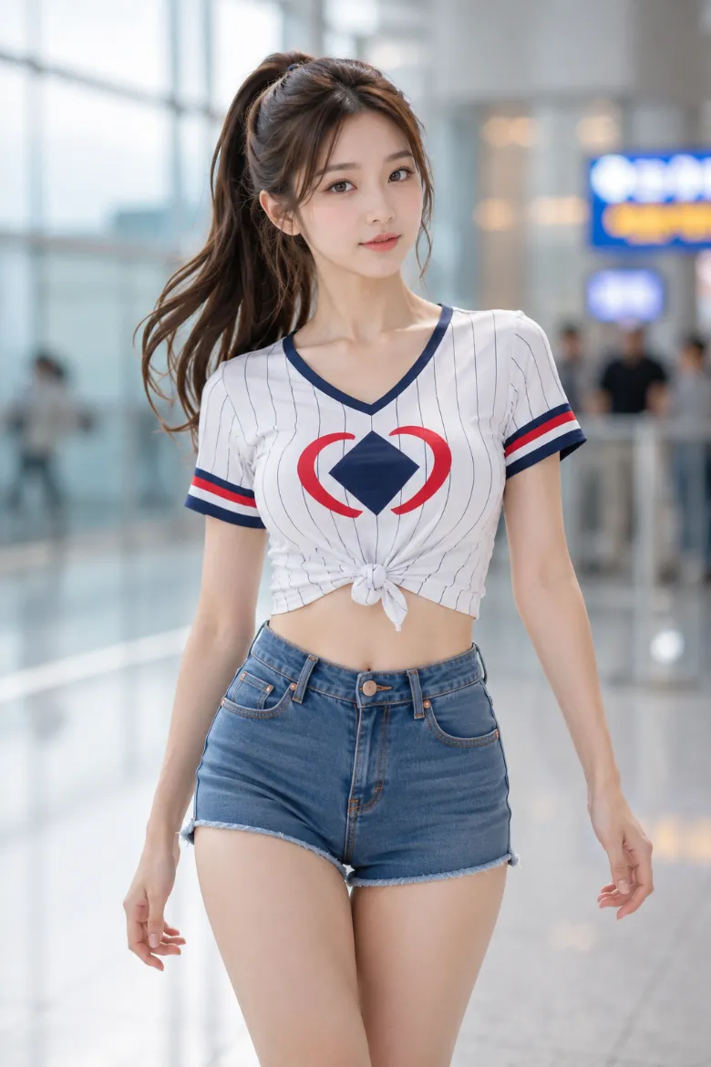 実写AI美女版｜白のピンストライプ入りベースボールシャツにデニムショートパンツとラインソックス、厚底スニーカーを合わせた韓国風オルチャンファッション