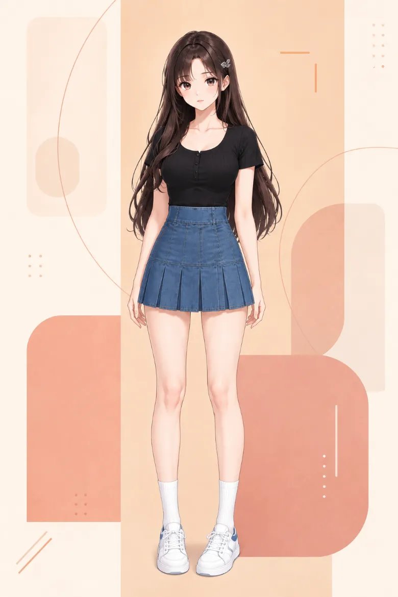 AIイラスト版｜黒の半袖リブトップスにブルーデニムのプリーツミニスカートと白ソックス、白スニーカーを合わせた韓国風オルチャンファッション